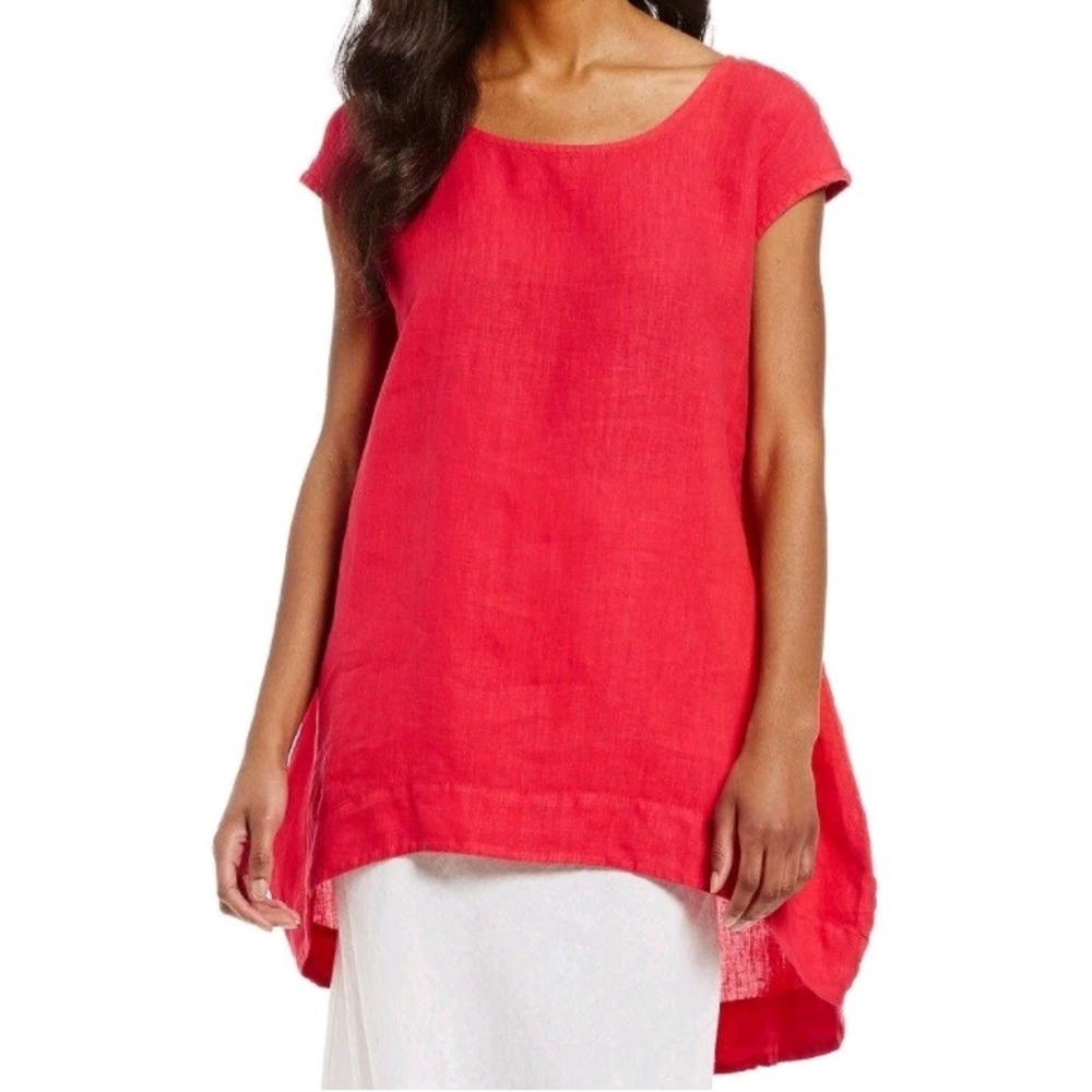 Bryn Walker Amy Tunic Womens Medium Red Pink 100% Linen Hi Low Sleeveless USA
